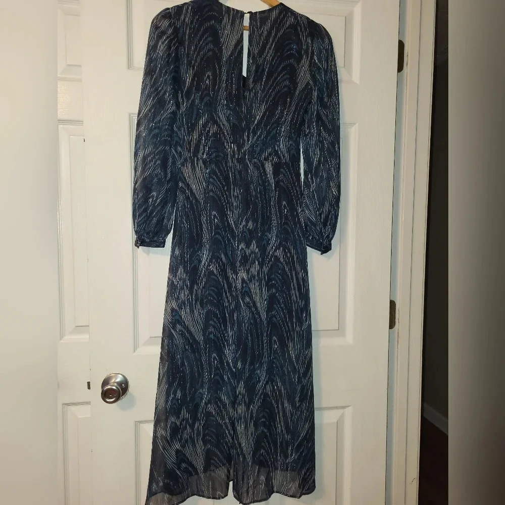 WHISTLES Blue‎ Wave Ruched Dress Size 4 Teal Black Long Sleeve Metallic Glam